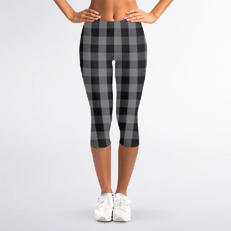 Grey And Black Check Pattern Print Women's Capri Leggings