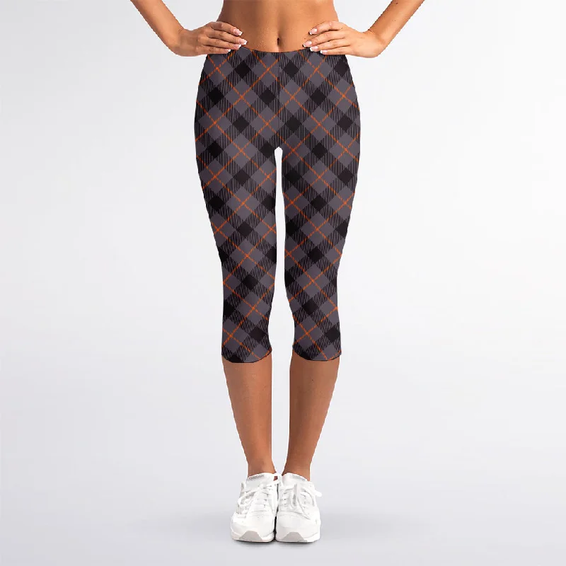 Grey And Orange Plaid Pattern Print Women's Capri Leggings