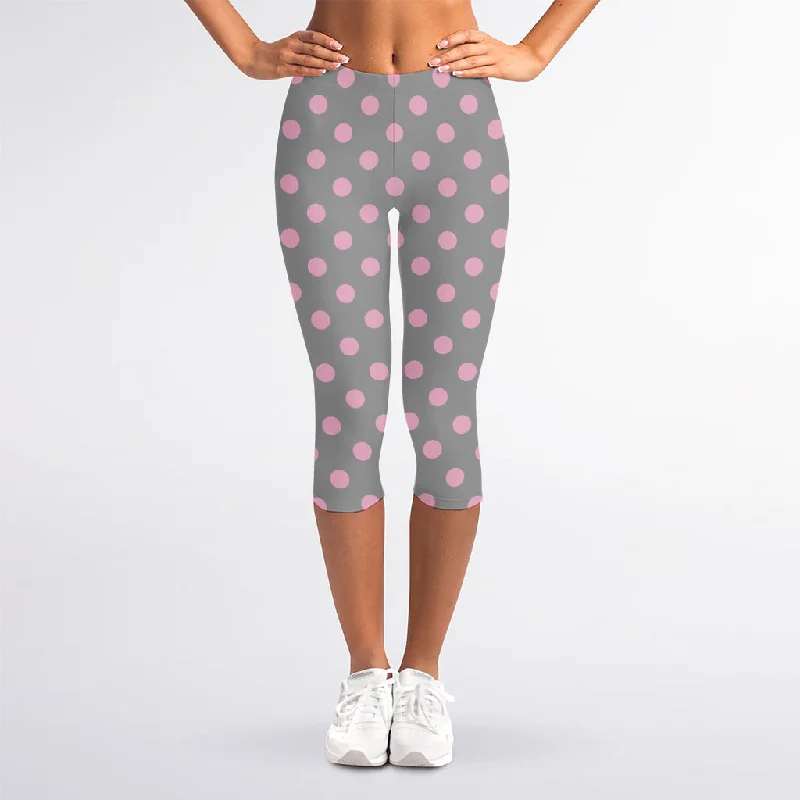 Grey And Pink Polka Dot Pattern Print Women's Capri Leggings