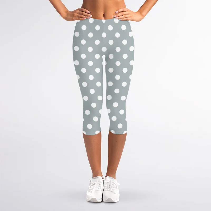 Grey And White Polka Dot Pattern Print Women's Capri Leggings