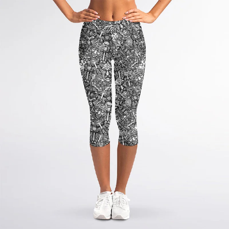 Grey And White Totem Pattern Print Women's Capri Leggings