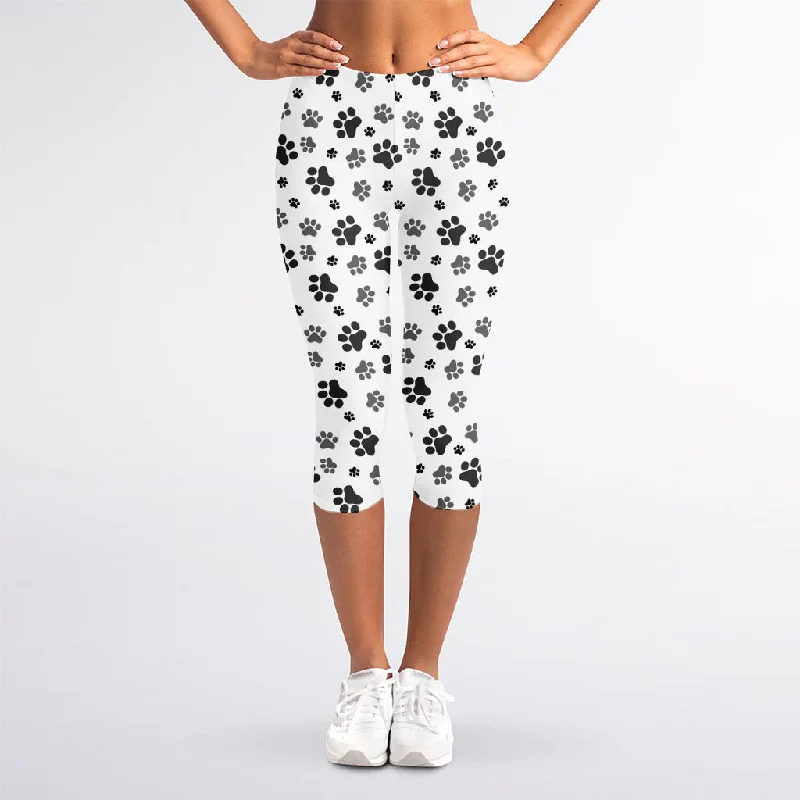 Grey Animal Paw Pattern Print Women's Capri Leggings