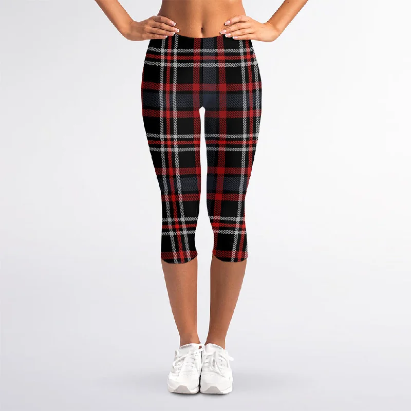 Grey Black And Red Scottish Plaid Print Women's Capri Leggings