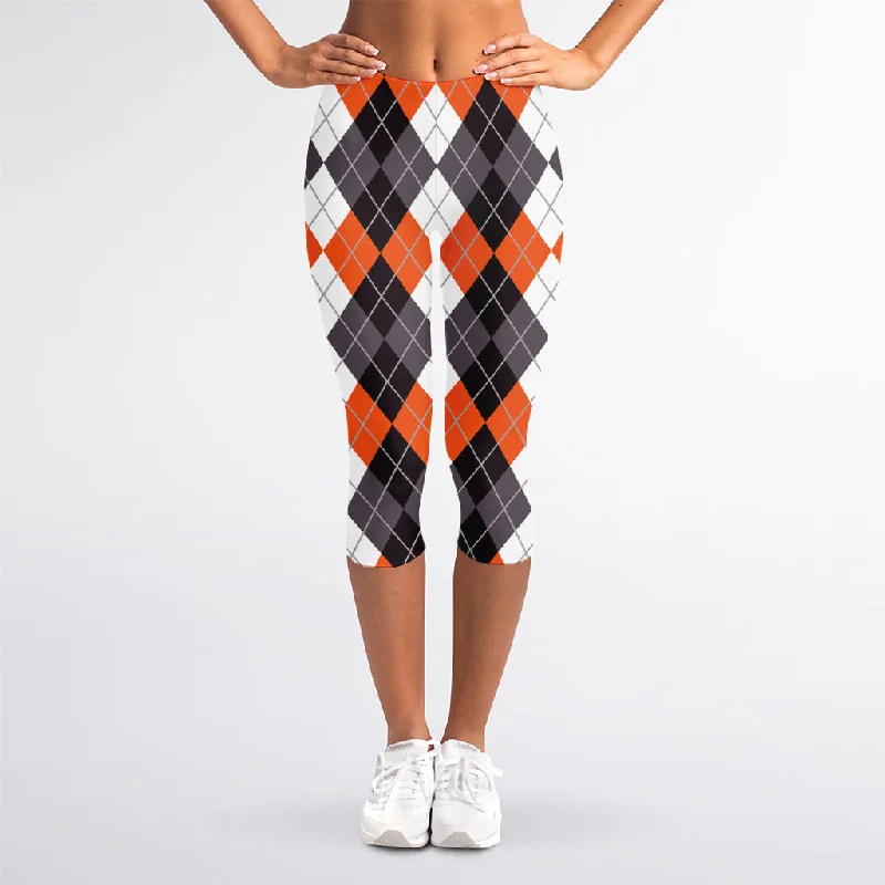 Grey Black Orange And White Argyle Print Women's Capri Leggings