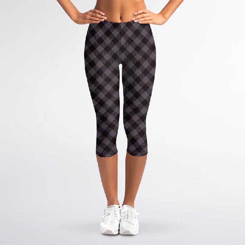 Grey Buffalo Plaid Pattern Print Women's Capri Leggings