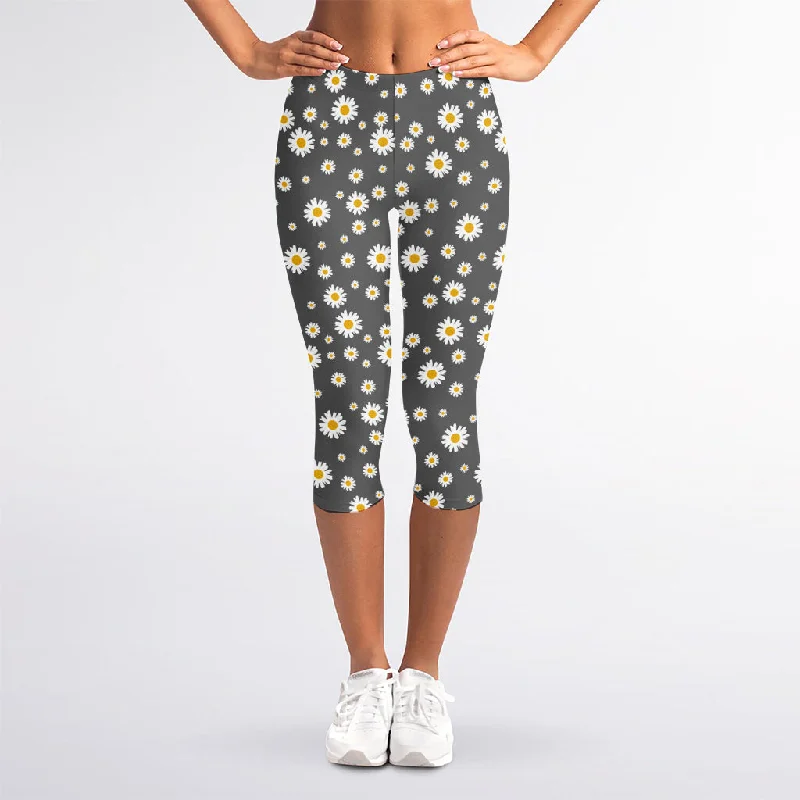 Grey Daisy Floral Pattern Print Women's Capri Leggings