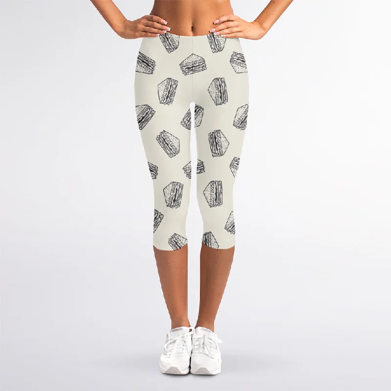 Grey Doodle Sandwich Pattern Print Women's Capri Leggings