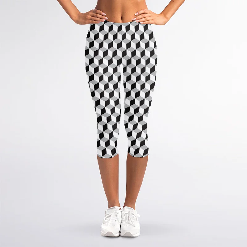 Grey Geometric Cube Shape Pattern Print Women's Capri Leggings