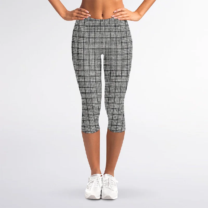 Grey Windowpane Pattern Print Women's Capri Leggings