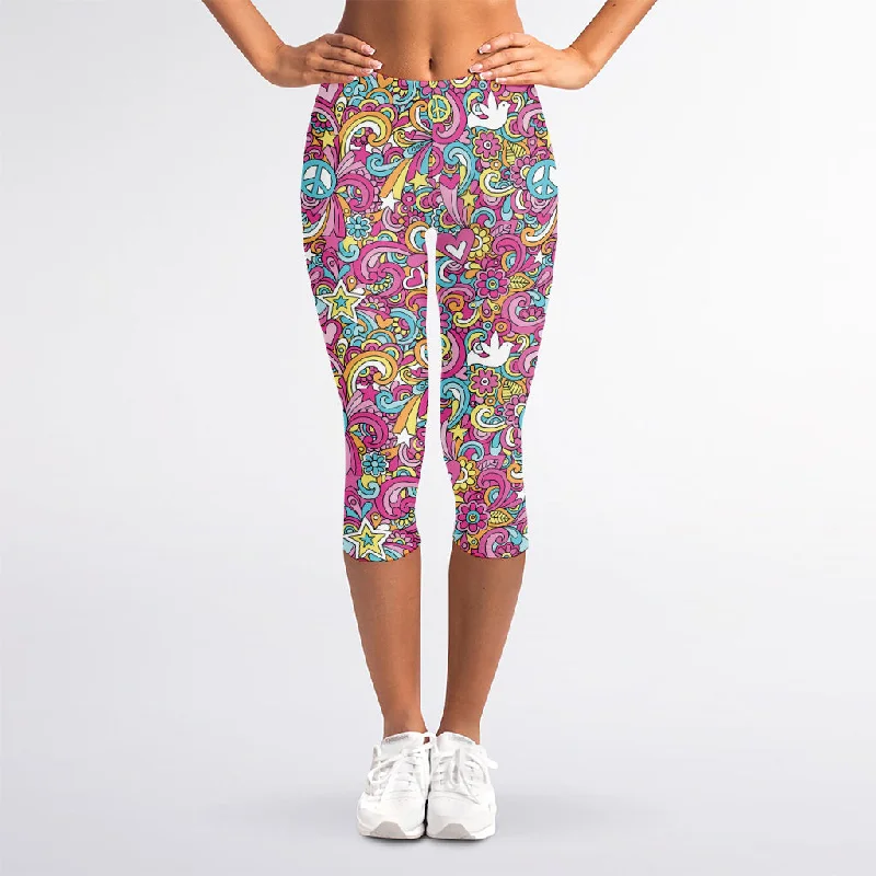 Groovy Girly Peace Pattern Print Women's Capri Leggings