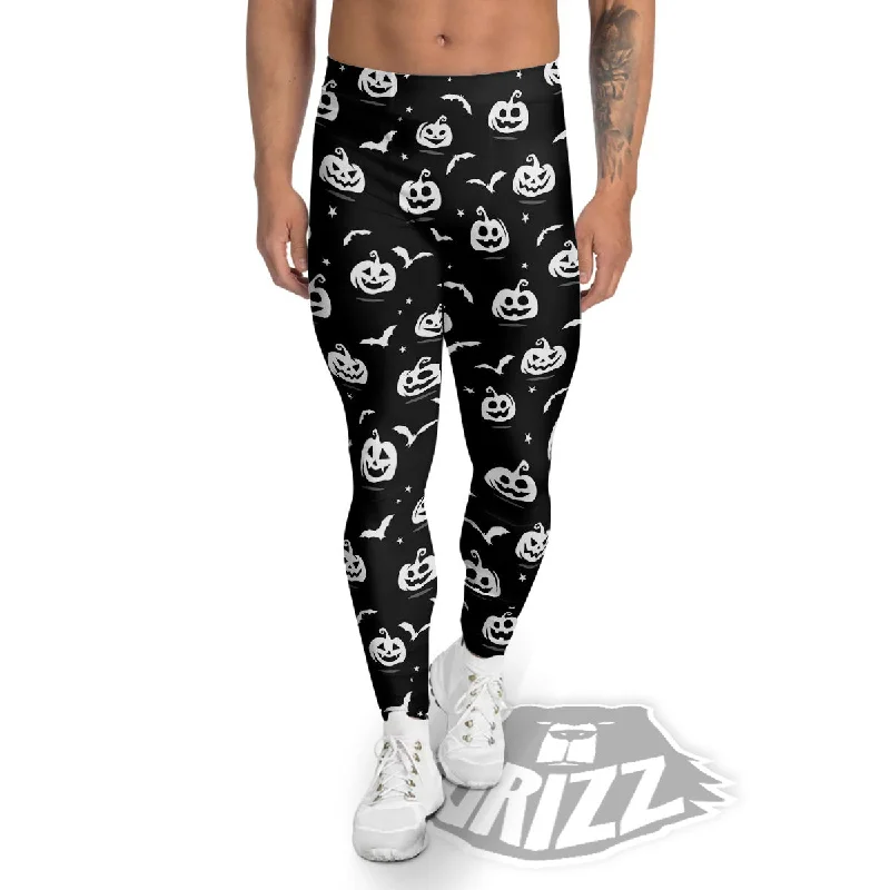 Halloween Bat White And Black Print Men's Leggings