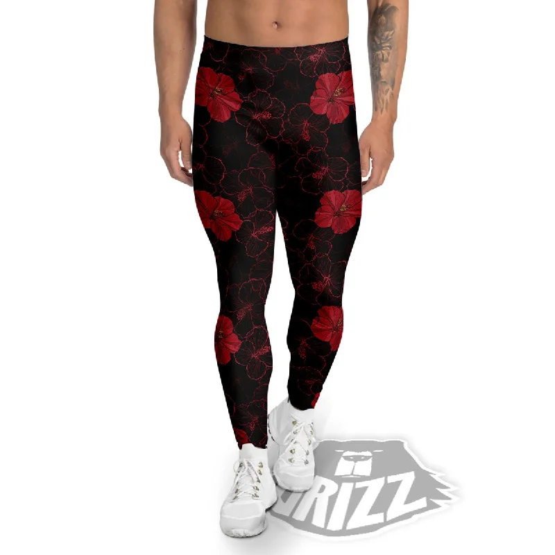 Hibiscus Red And Black Print Pattern Men's Leggings