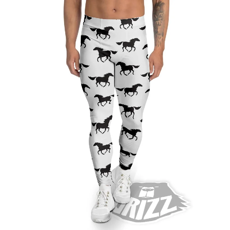 Horse White And Black Print Pattern Men's Leggings