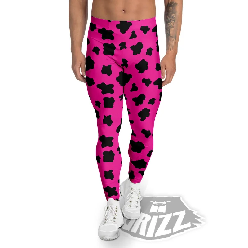 Hot Pink And Black Cow Print Men's Leggings