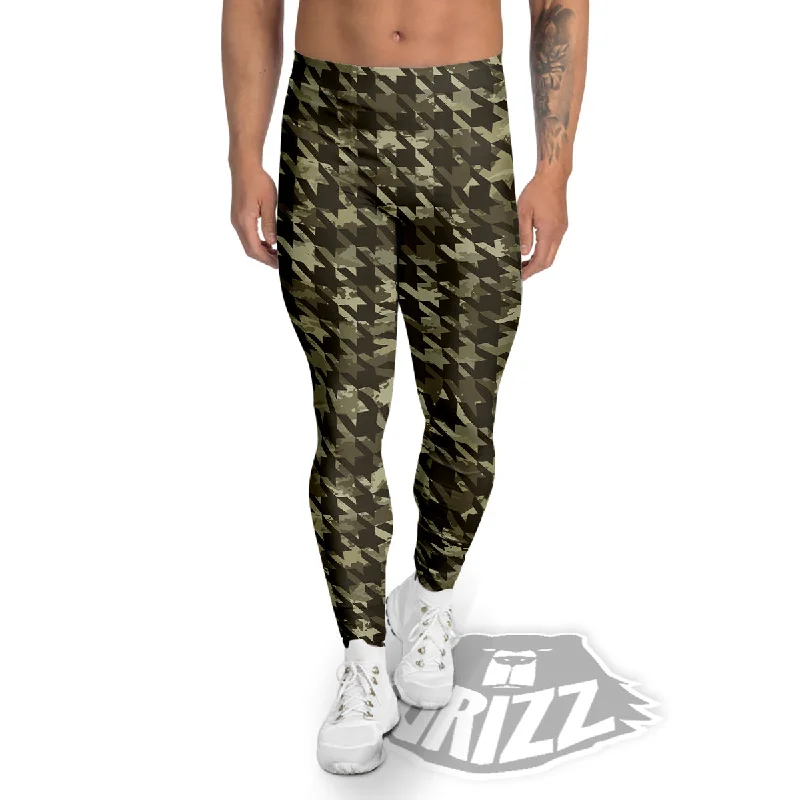 Houndstooth Camouflage Green Print Pattern Men's Leggings