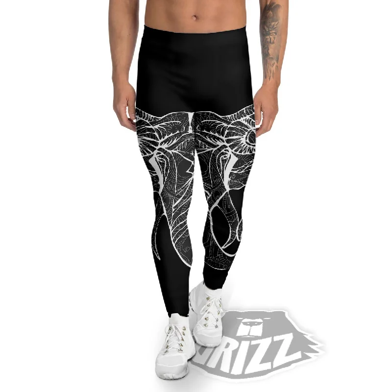 Indian Elephant White And Black Print Men's Leggings