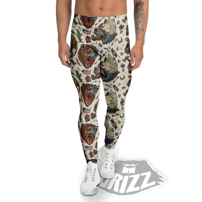 Indian Old School Tattoo Style Print Pattern Men's Leggings