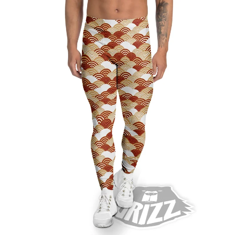 Japanese Red And Beige Print Pattern Men's Leggings