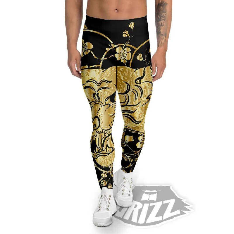 Japanese Tiger Gold And Black Print Men's Leggings