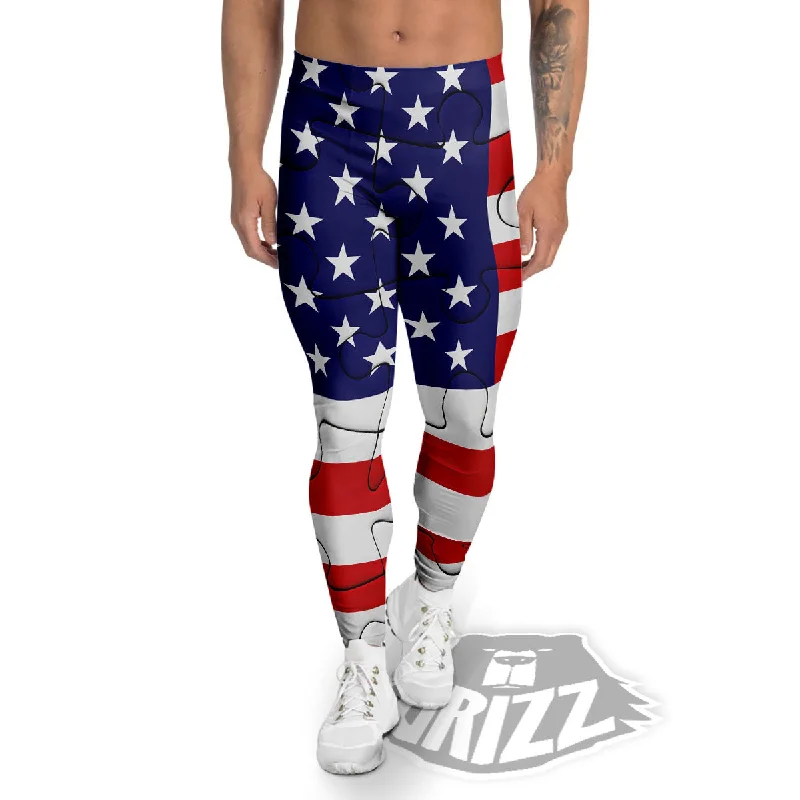 Jigsaw Puzzle American Flag Print Men's Leggings