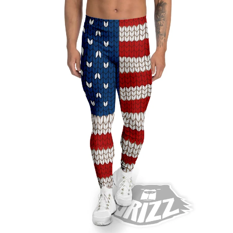 Knitted American Flag Print Men's Leggings