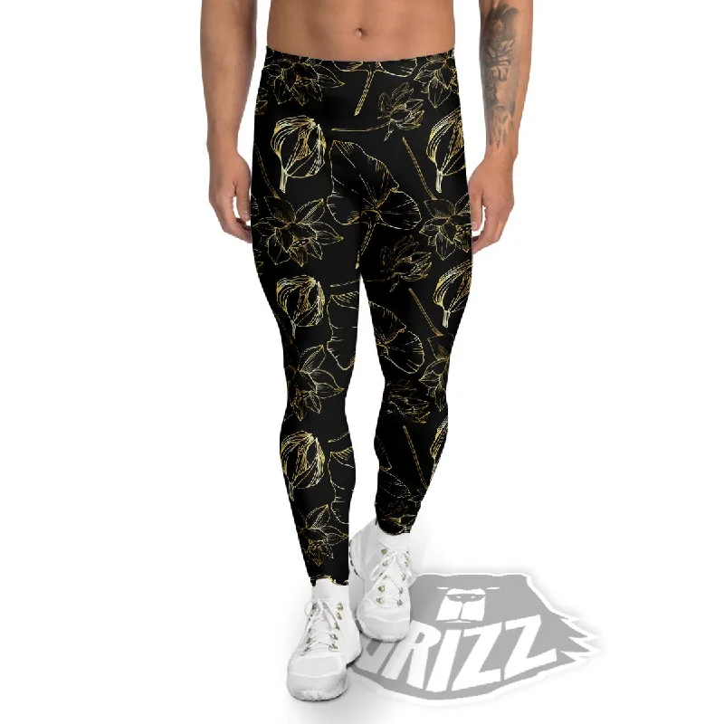 Lotus Flower Gold And Black Print Men's Leggings