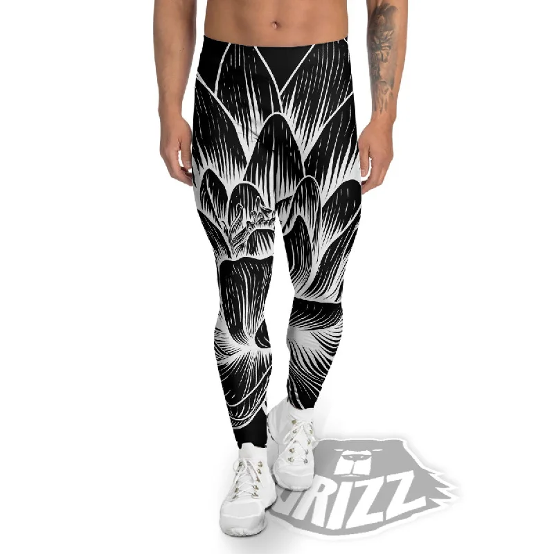 Lotus Flower White And Black Print Men's Leggings