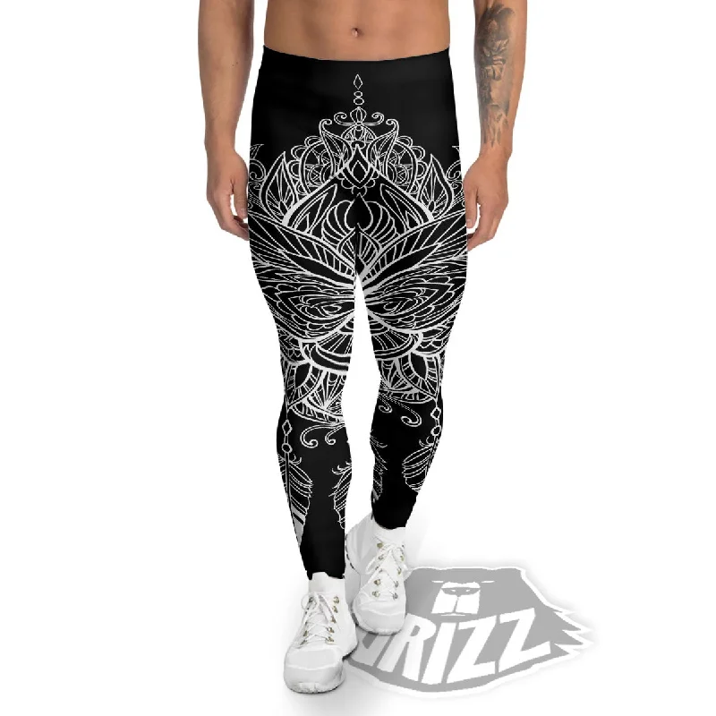 Lotus Mandala White And Black Print Men's Leggings