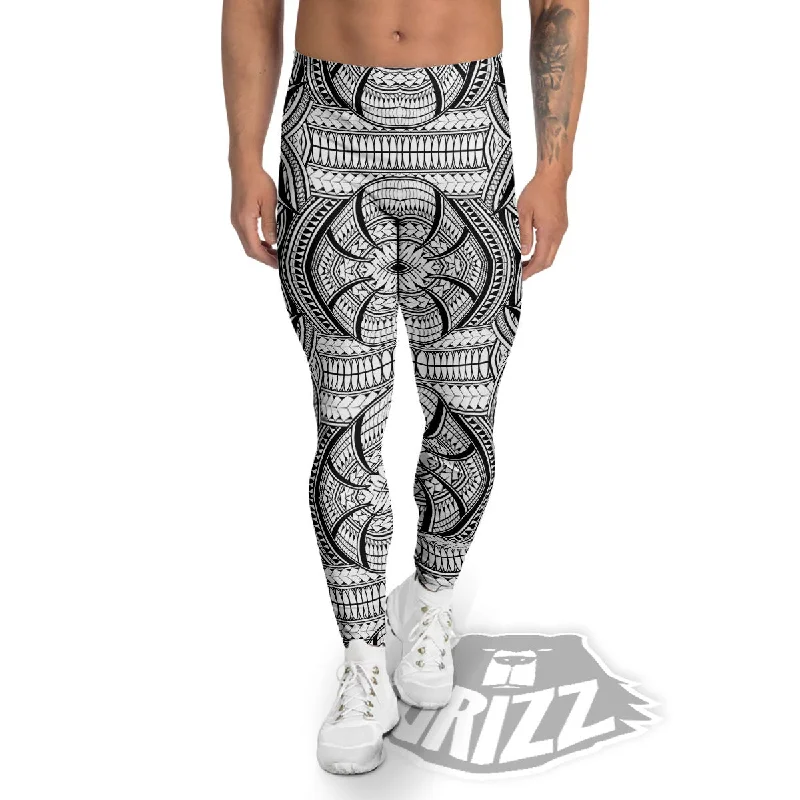 Maori Polynesian White And Black Print Men's Leggings