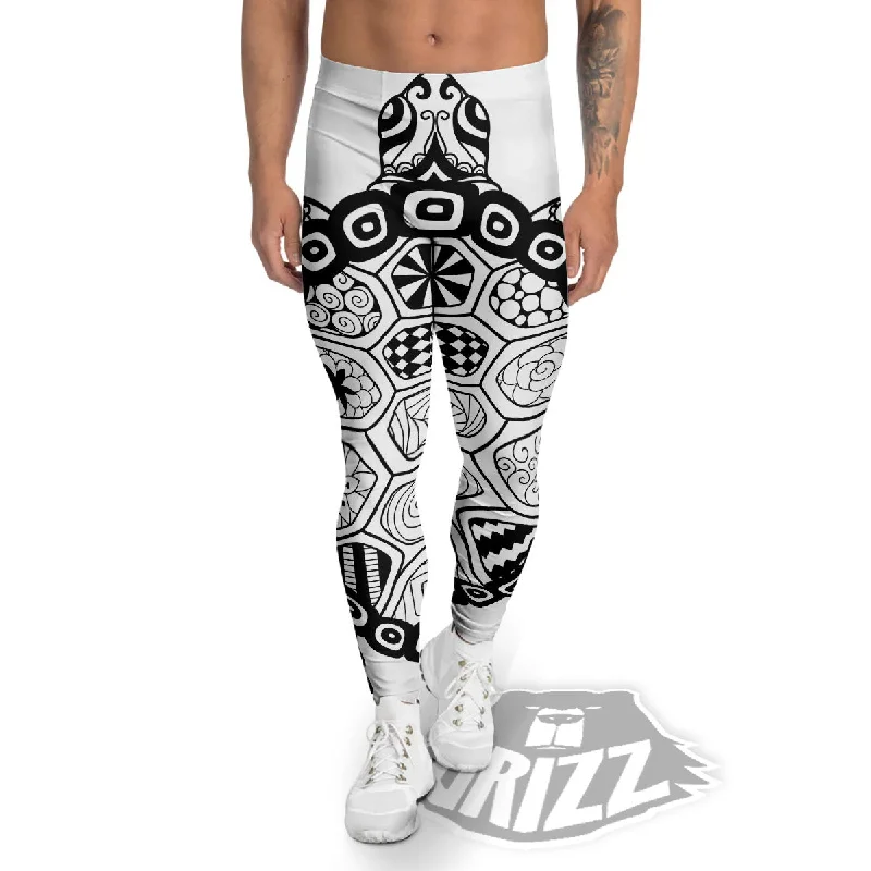 Maori Sea Turtle White And Black Print Men's Leggings