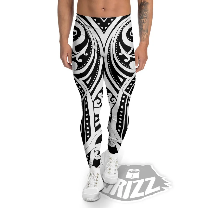 Maori Tattoo White And Black Print Men's Leggings