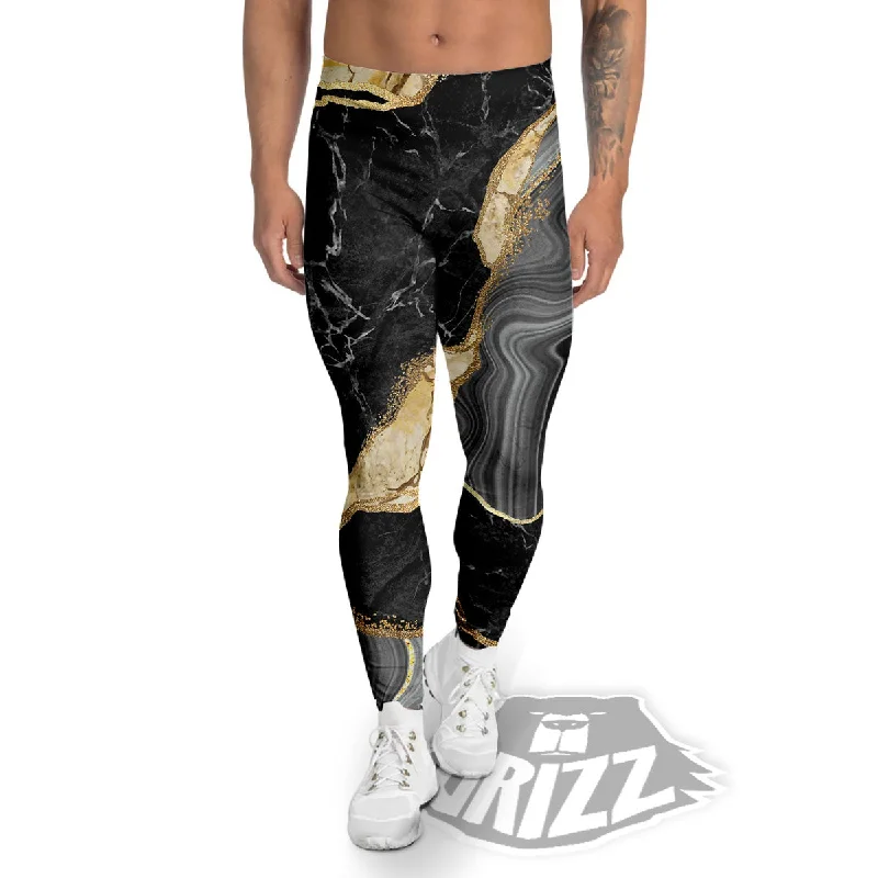 Marble Liquid Black Gold Print Men's Leggings