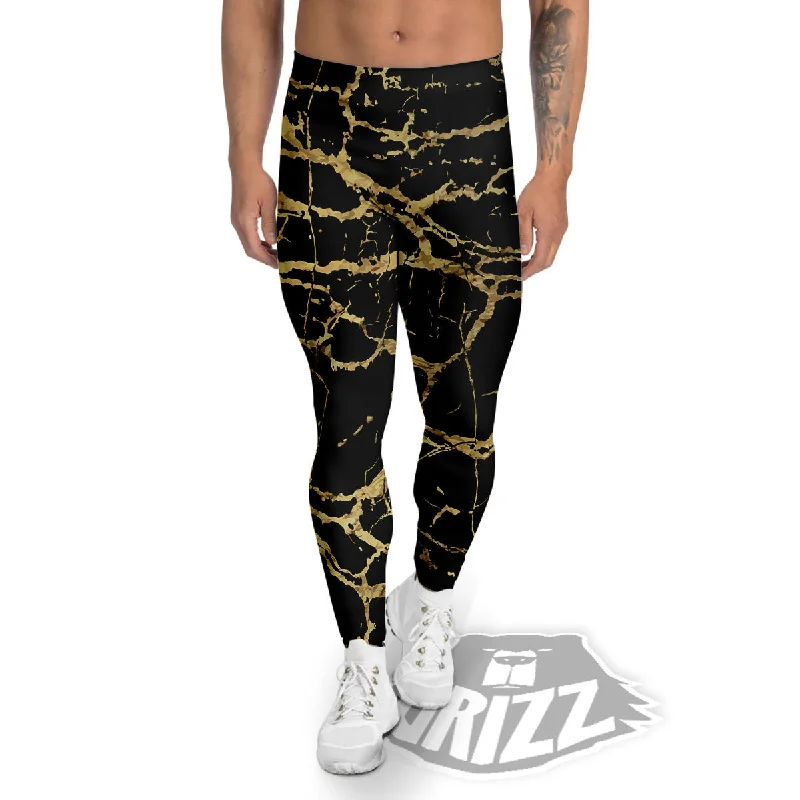 Marble Scratch Black Gold Print Marble Men's Leggings