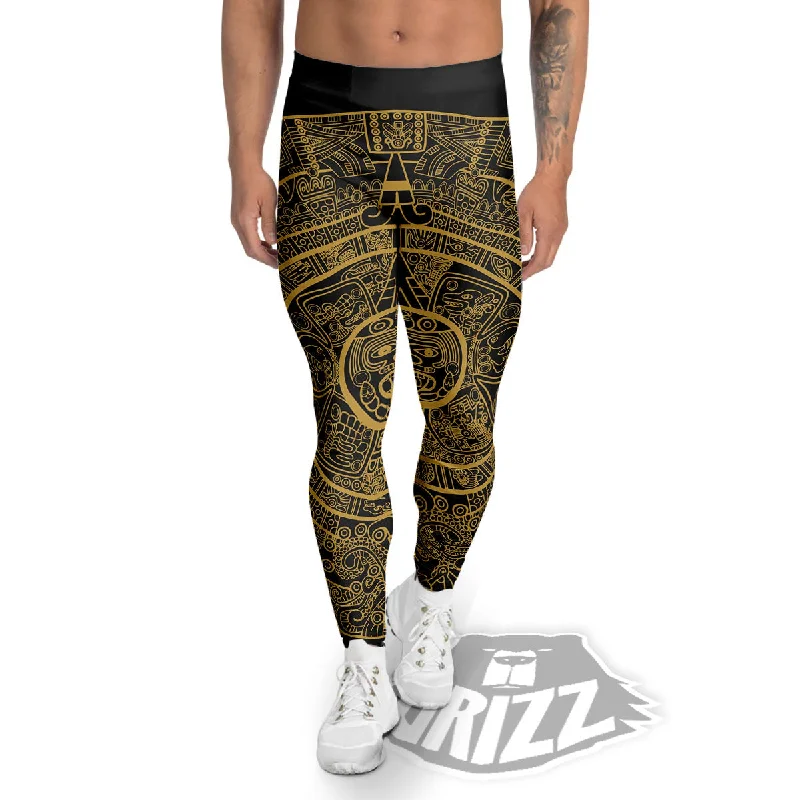 Maya Calendar Yellow And Black Print Men's Leggings