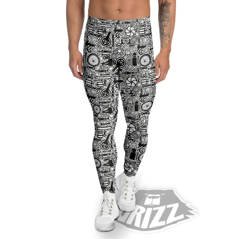 Mechanic White And Black Print Pattern Men's Leggings