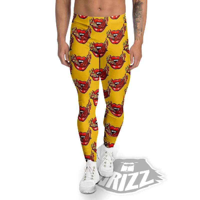 Mouth And Tongue Sticking Fire Print Pattern Men's Leggings