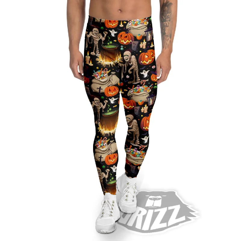 Mummy And Pumpkins Halloween Print Pattern Men's Leggings