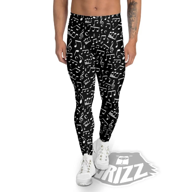 Music Note White And Black Print Pattern Men's Leggings