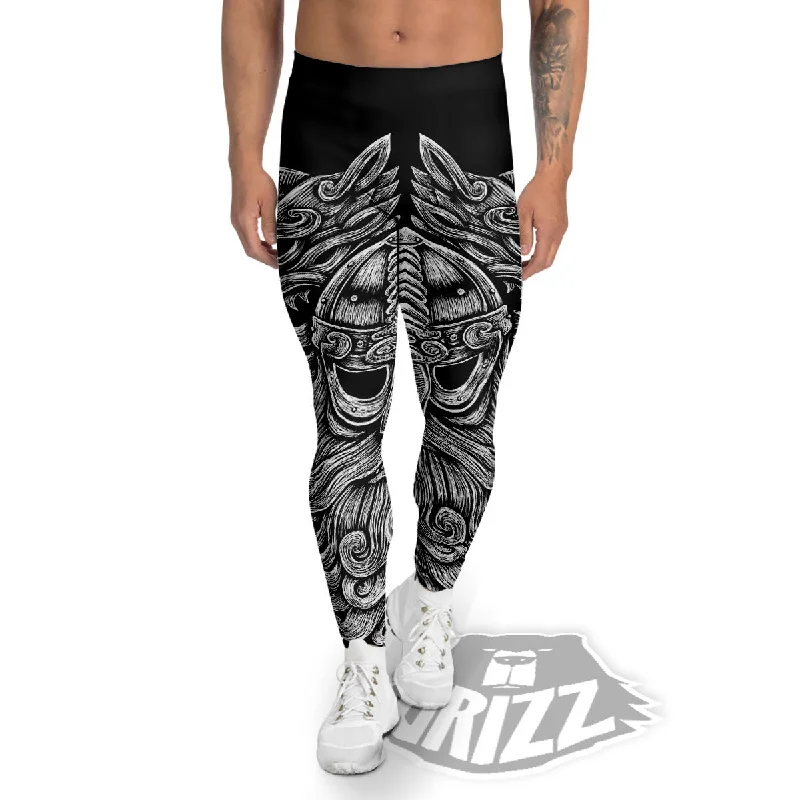 Odin With Wolfs White And Black Print Men's Leggings