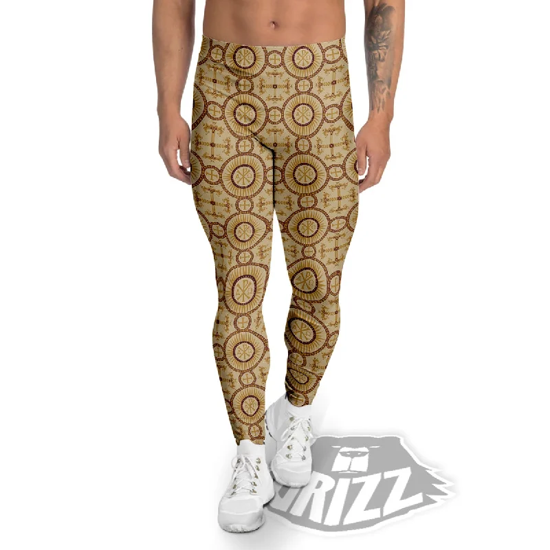 Orthodox Black And Beige Print Pattern Men's Leggings