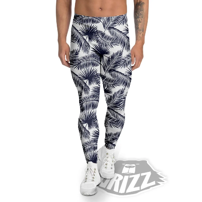 Palm Leaves White And Black Print Men's Leggings