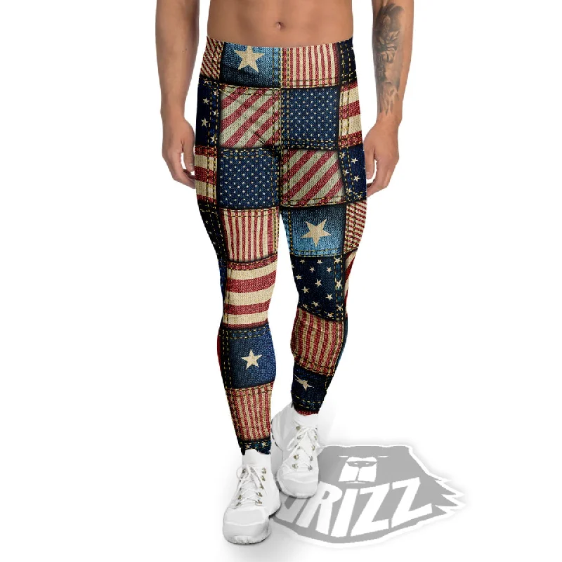 Patchwork Denim American Print Pattern Men's Leggings