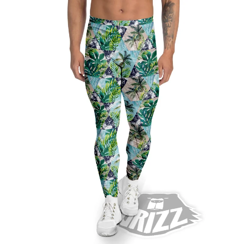 Patchwork Watercolor Tropical Leaves Print Pattern Men's Leggings