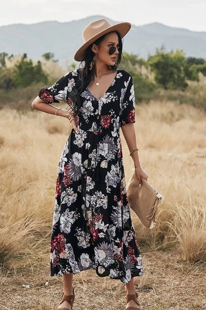 Black V-Neck Floral, Short Sleeve Dress