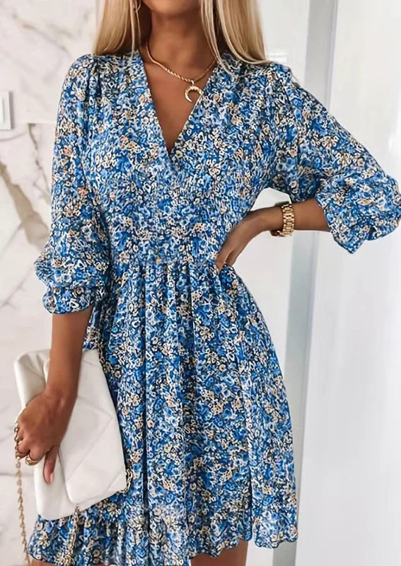 Blue Floral V-Neck 3/4 Sleeve Dress