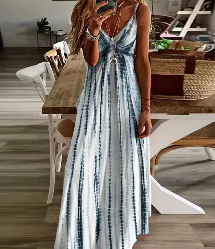 Blue Striped Long Spaghetti Strap Dress