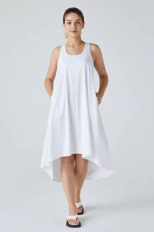 Breezeful™ Backless Racerback Side Pocket High Low Flowy Midi Quick Dry Casual Dress | White