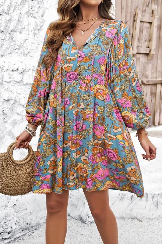 Floral Print V-Neck Loose Fit Ruffle Dress (Blue)