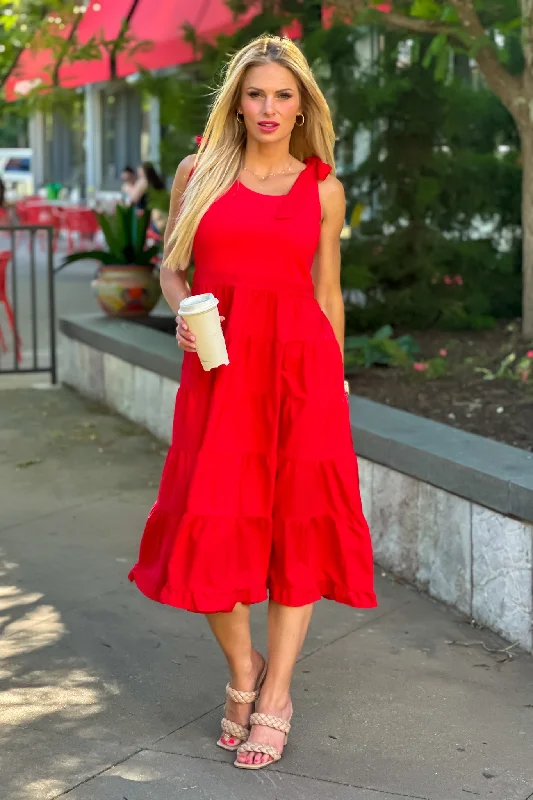 Gracelyn Shoulder Tie Tiered Maxi Dress : Red