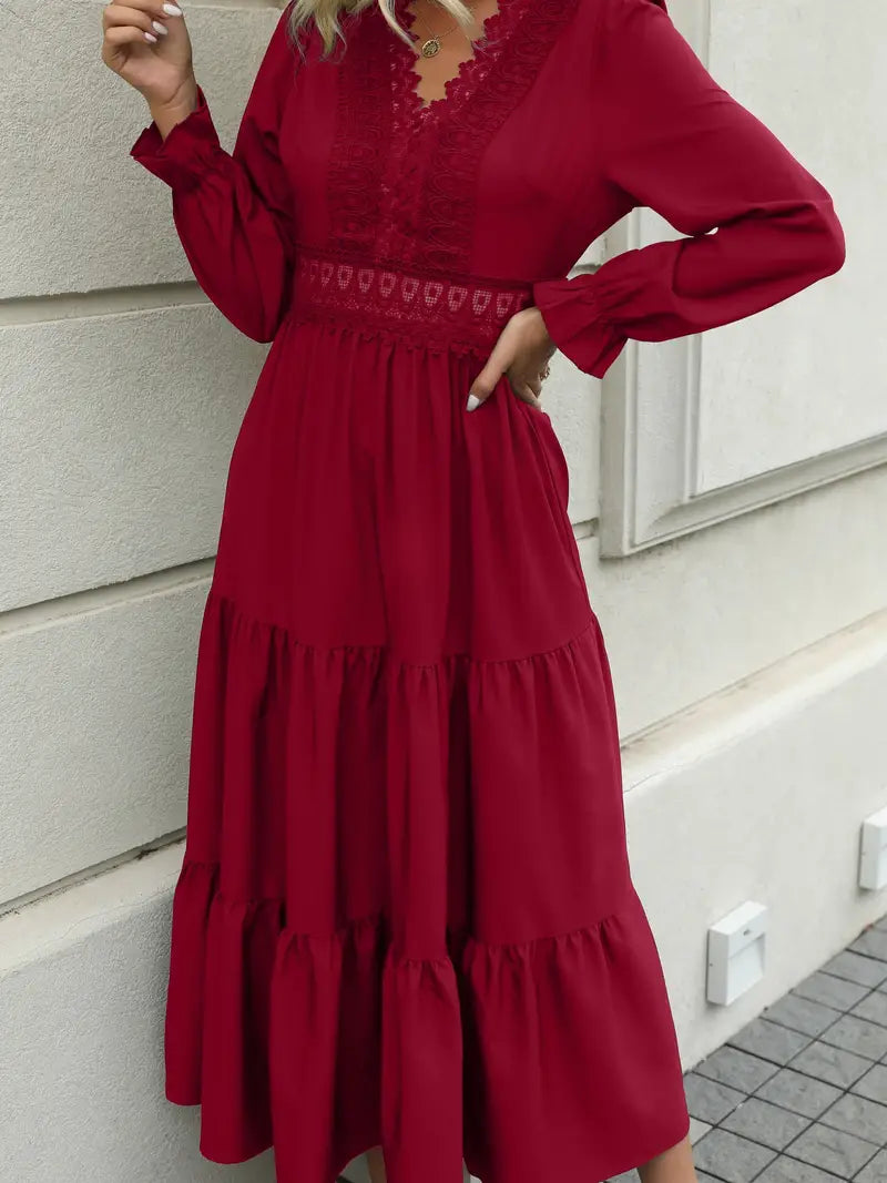 Red Lace Tiered V Neck Dress